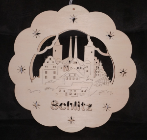 Fensterbild "Schlitz Beleuchtet" d= ca. 297mm Beleuchtet , gelasert mit Sternchen