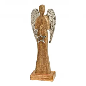 Aufsteller Engel mit Stern aus Mangoholz/Metall