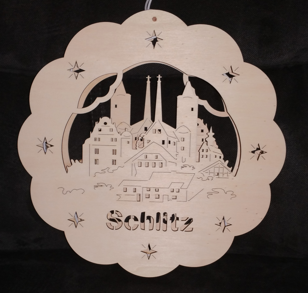 Fensterbild "Schlitz Beleuchtet" d= ca. 297mm Beleuchtet , gelasert mit Sternchen