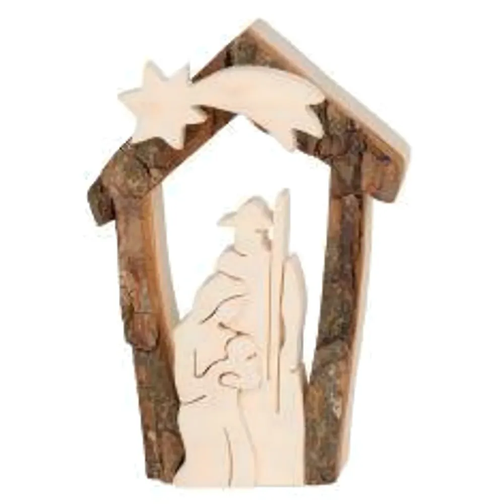 Stilisierte Krippe aus Ahornholz mit rustikalem Rindenrahmen | 7,5 cm