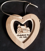 Baumhänger "Herzform aus Holz" mit Lasereinlage "Grabeskirche der hl. Lioba" mit Band zum Aufhängen.Abm. ca. 115 x 120 mm - Kopie