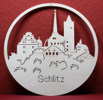 Fensterbild  "Burgenblick Schlitz"  d= ca.  217 x 4mm, Pappel gelasert.